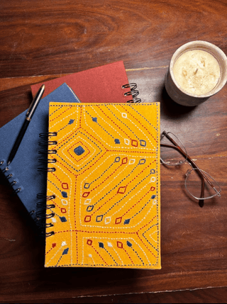 Hand-embroidered Mustard Wire-Bound Notebook with Kutch Work Design