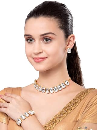 Trendy Crystal Stones Necklace Set with Earrings and Bracelet Combo for women and Girls