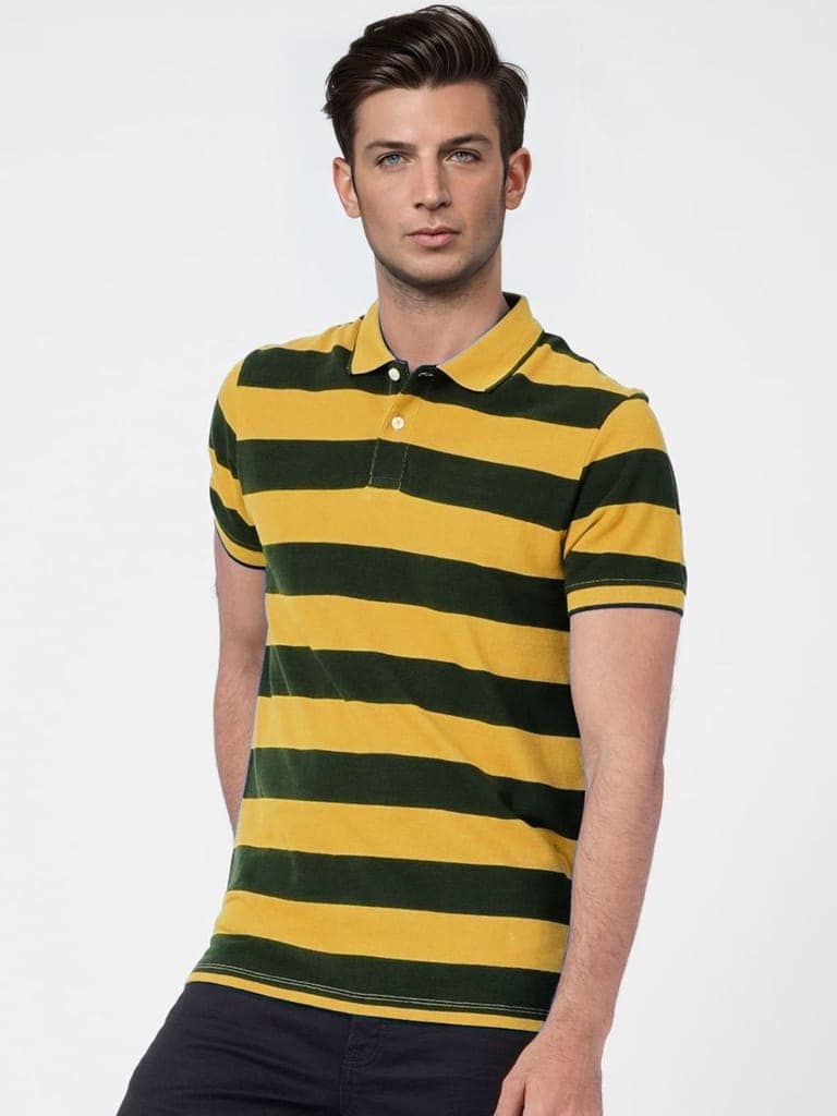 Men Mango and Black thick Stripes regular fit Polo T-Shirt view 2