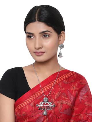 Cardinal Oxidized Silver Color Long Necklace Set