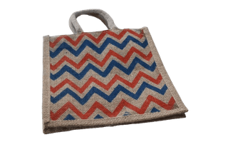 Eco-Friendly Small Jute Bag with Blue & Red Chevron Pattern | Reusable Multipurpose Tote