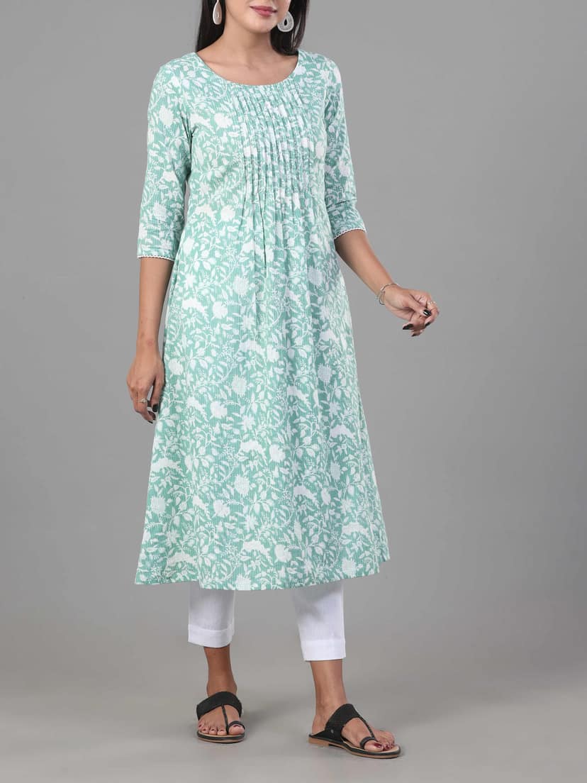 Mint Green Pure Cotton Katha Printed Kurti With Sequins Work
