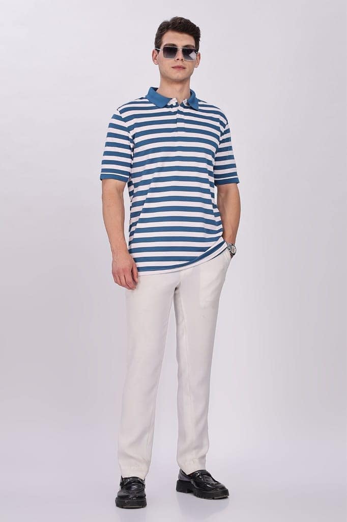 Puff Cotton Blue & White Striped Polo view 2