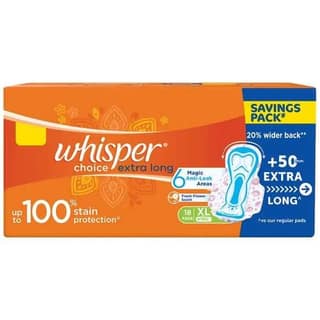Whisper Choice Sanitary Pad - With Wings, Provides Stain Protection, XL, 18 Pcs