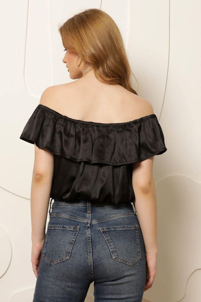 Women Black Solid Satin Finish Cropped Bardot Top view 4