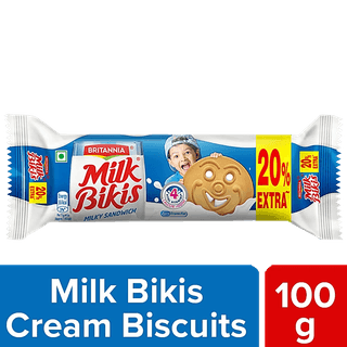 Britannia Milk Bikis - Milk Cream Biscuits, Essential Nutrients, Teatime Snack, 100 G