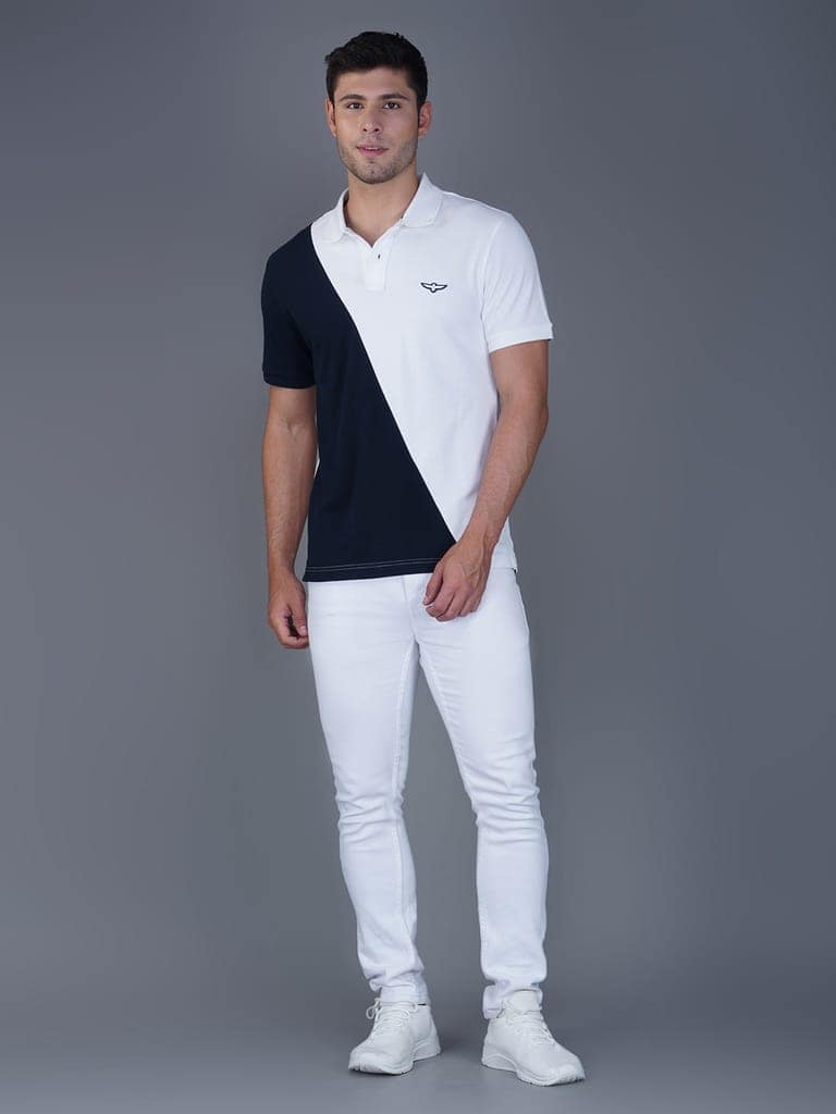 Men’s Premium Cotton Color Block Polo T-shirt White/Navy view 5