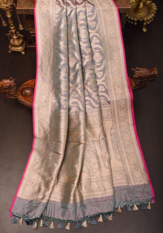 Gray Dual tone Pure Katan Silk Banarasi Saree with floral Jaal Zari weave |SILK MARK CERTIFIED
