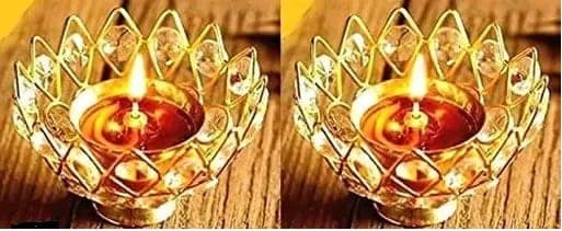Brass with Crystal Lotus Diya for Home and Diwali Decoration Combo Set of 2 Pc view 2