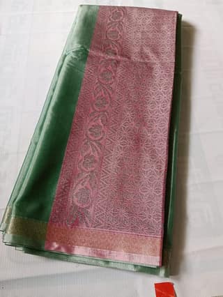 Green Tissue Saree With Silver Zari Woven Paisley Motifs