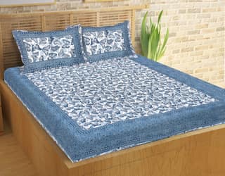 Lali Prints Jaipuri Blue White Graphic Cotton 130 TC Queen Bedsheet With 2 Pillow Covers