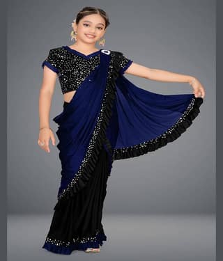HARPITA Lycra Saree For Girls ( Navy Blue , Pack of 1 )