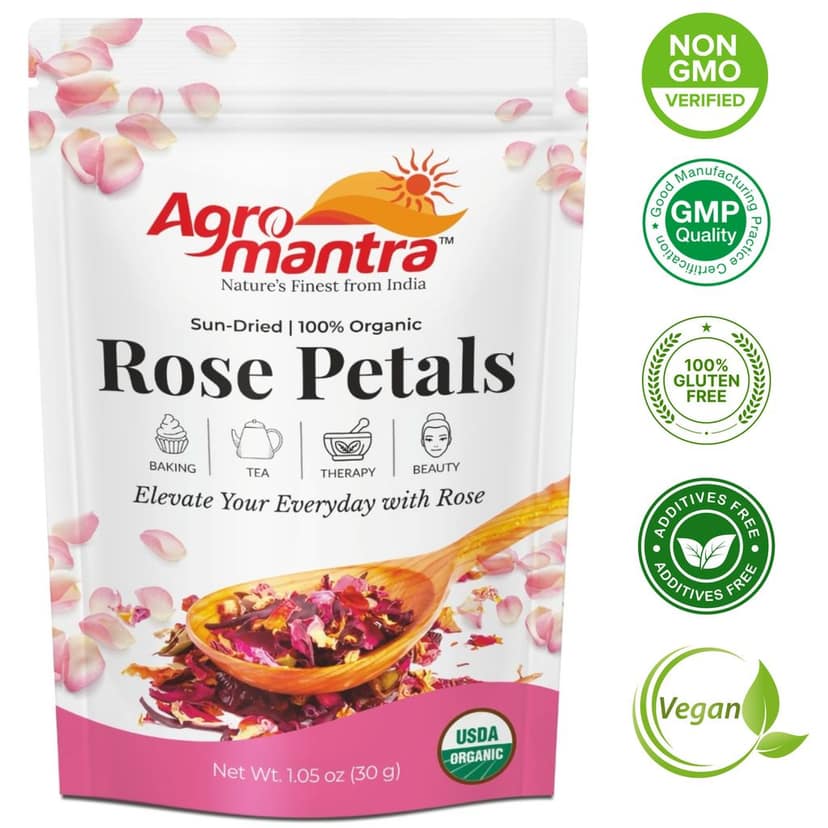 Agro Mantra Organic Dried Rose Petals, Edible Rose Petals for Tea, 100% Sun Dried Edible Flowers for Baking, Bath & Skincare - Vegan, Non-GMO - 30g view 2