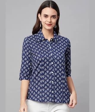 Divena Women Printed Cotton Shirt ( Blue )