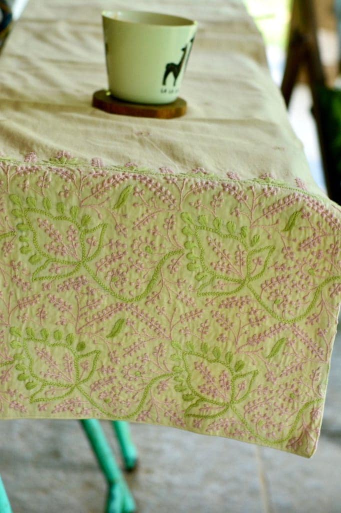 Bageecha Pink & Green Chikankari Jal & Butti Table Runner view 2