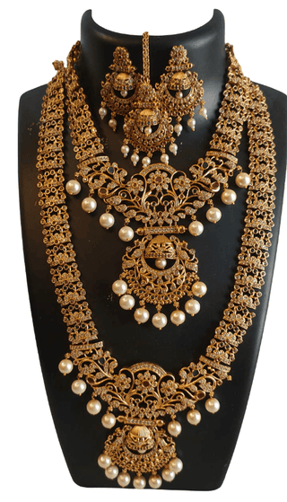 Gold-Plated Kundan and Pearl Indian Bridal Jewelry Set with Long Necklace