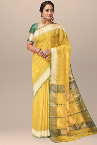 Lemon Yellow Buti Handwoven Maheshwari Silk with Zari Border and Tree Buta Pallu Saree SKU-BS10064