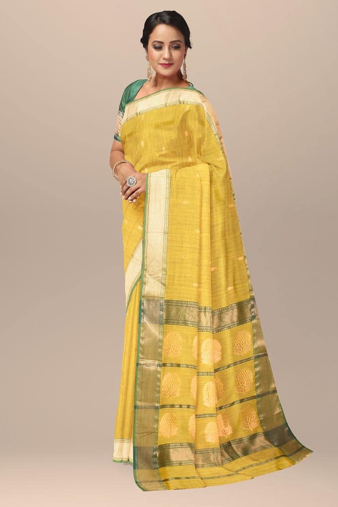 Lemon Yellow Buti Handwoven Maheshwari Silk with Zari Border and Tree Buta Pallu Saree SKU-BS10064 view 2