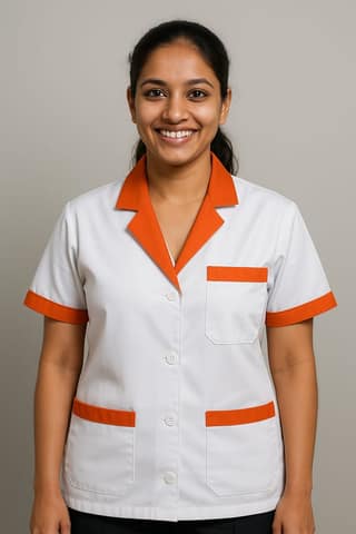 Unisex Staff Apron | 3-pockets Apron | White Apron with Orange Detailing | Comfortable | Durable | Best Fitted For Medical Professionals (Staff, Nursing & Lab Technicians)