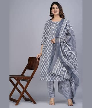 Mishree Collection - Grey Straight Cotton Women's Stitched Salwar Suit ( Pack of 1 )
