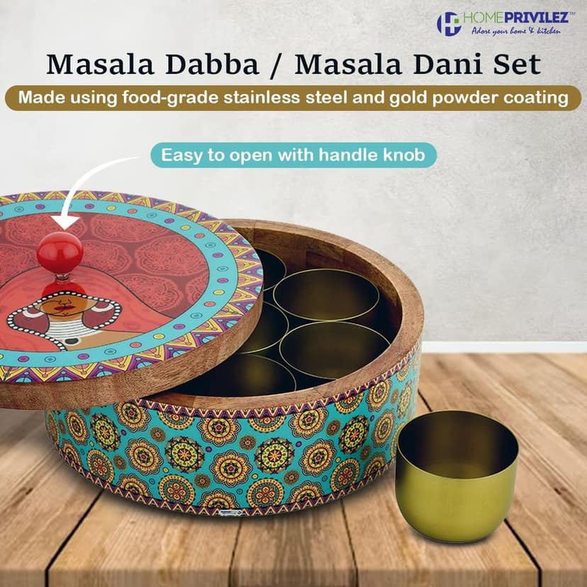 "Classic" Wooden Spice Box/Masala Dabba Set with Seven Golden Spice Jars (8 Pcs set) view 3