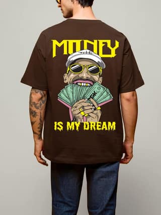 SCOTT FINCHER Men's Brown T-Shirt with a Graphic of a Man Smoking and Holding Money and the Text "Money is My Dream" : AA(ARN)BROWN_169