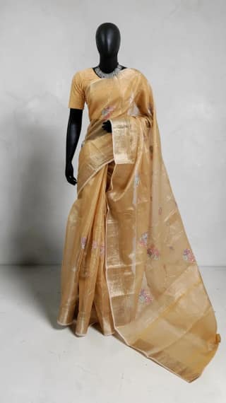 Kota Doria Handloom Saree in Beige Gold with Block-Printed Florals