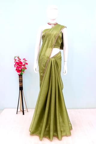 Fendi Saree With Hand Worked Lace Border (Color - Pastel) by SHIV TEXTILES