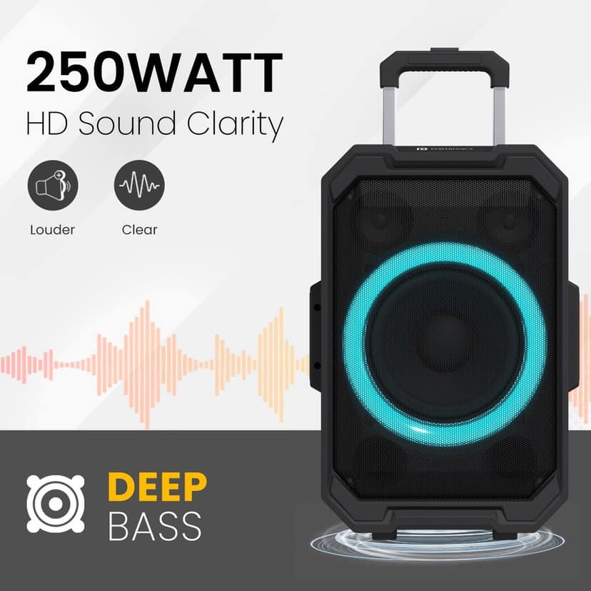 Portronics Iron Beats II 250W Wireless Bluetooth Party Speaker with Wireless Karaoke Mic, Upto 6 Hours Playtime, RGB Lights, Trolley Handle with Wheels, Multiple EQ Mode, Deep Bass, Fast Charging view 3