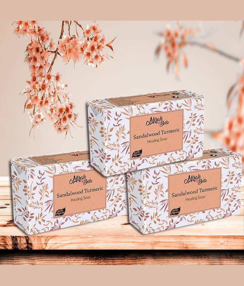 Mirah Belle - Organic Sandalwood Turmeric Healing Soap 125gm (Pack of 3) - For Acne,Breakouts,Pimples & Blemishes, Handmade Soap 375gm
