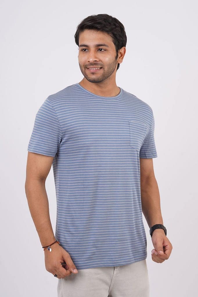 Men's Light Blue Striped Crew Neck T-Shirt view 3