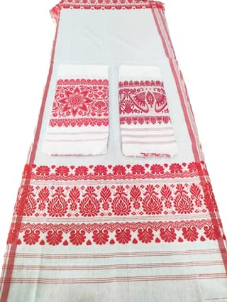 Assamese Traditional Gamosa Set – White with Red Woven Motifs