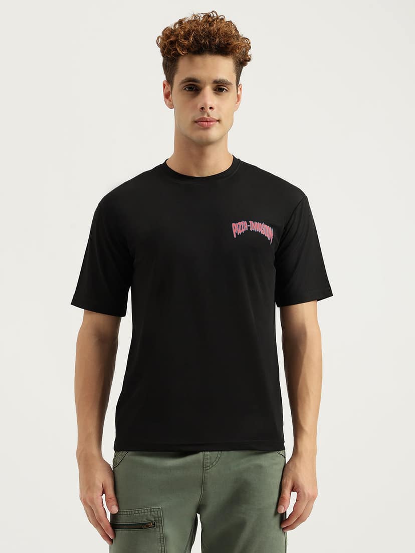 Black Pizza Invasion Back Print Oversized T-shirt view 2