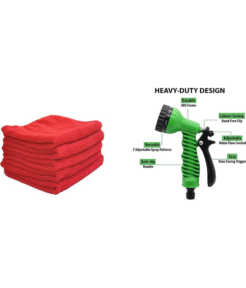 INGENS COMBO of Microfiber Cleaning Cloths,40x40cms 250GSM RED-Colour! Highly Absorbent and 7 function water spray nozzle