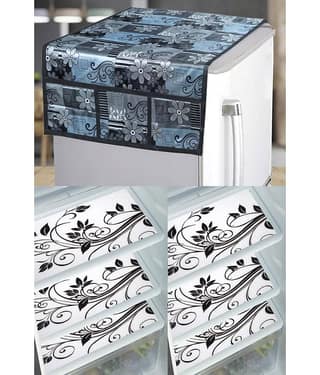 Crosmo PVC Floral Printed Fridge Mat & Cover ( 99 53 ) Pack of 7 - Multicolor