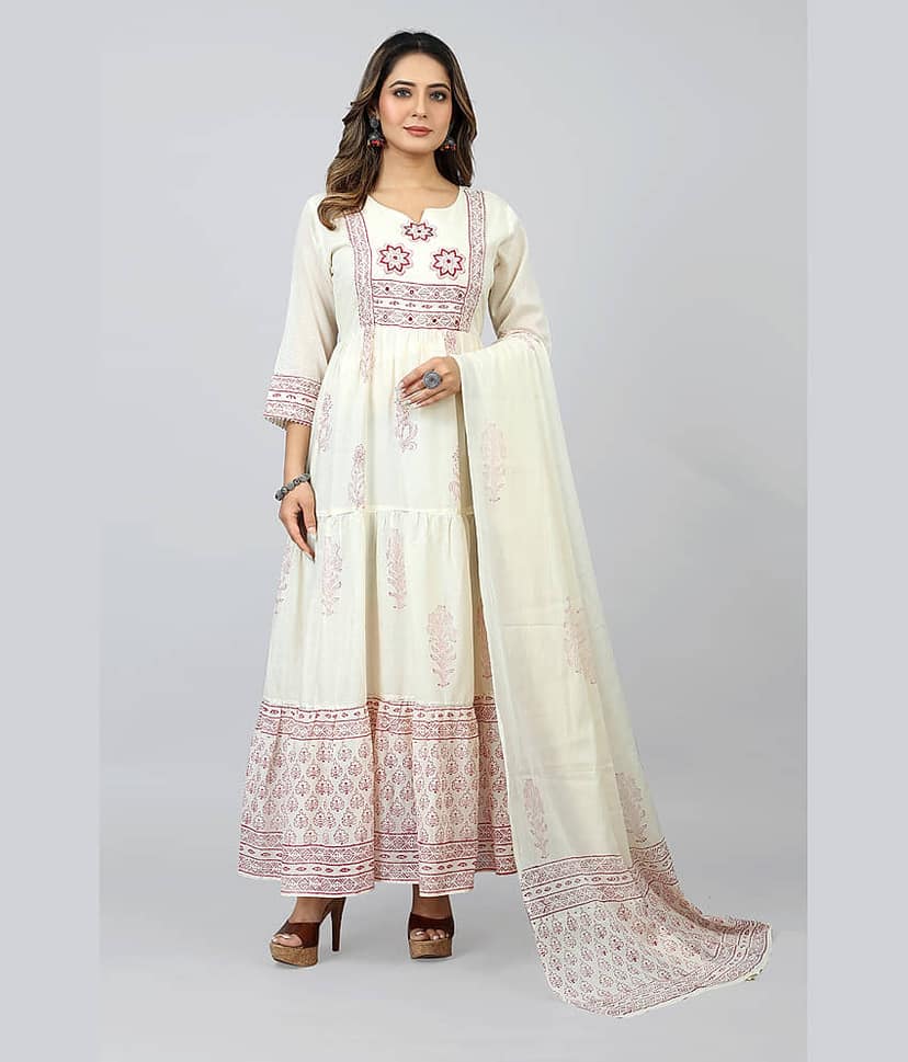 SARRAS - Off White Flared Cotton Women's Stitched Ethnic Gown ( Pack of 1 )