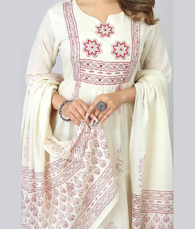 SARRAS - Off White Flared Cotton Women's Stitched Ethnic Gown ( Pack of 1 ) view 2