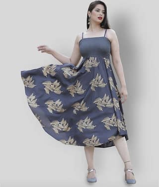 ZAMAISHA Women Rayon Printed Asymmetric Dress ( Dark Grey )