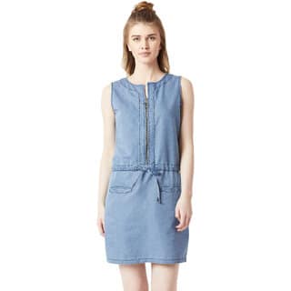 Miss Chase Women's Light Blue Polo Neck Sleeveless Denim Solid Midi Shift Dress