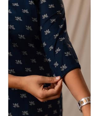 AMTHI Women Cotton Self Design A-line Kurti ( Navy Blue )
