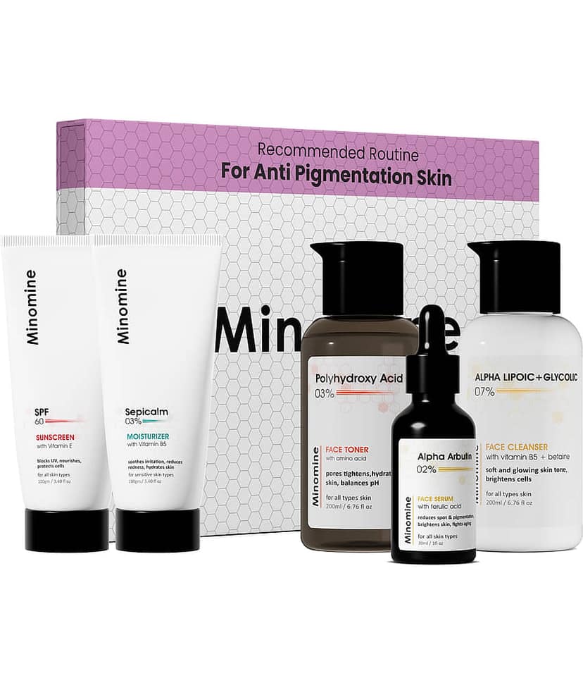 Minomine Anti-Pigmentation Skin, Gamechangers Skincare Routine Kit for Unisex | Alpha Lipoic Cleanser, Alpha Arbutin Serum, PHA Toner, Sepicalm Moisturizer & SPF 60 Moisturizer
