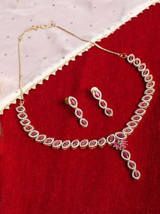 Cardinal American Diamond Gold Plated Red Stone Brass Necklace Set