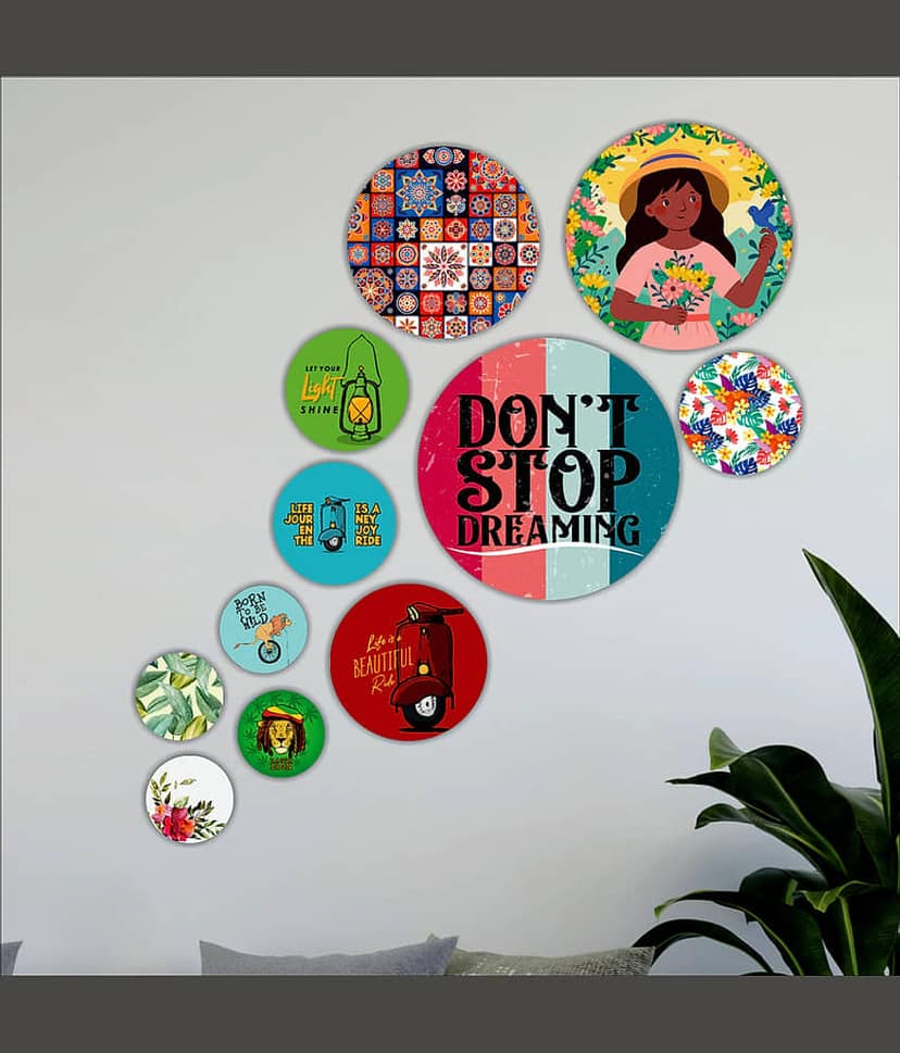 Saf Wood Beautiful modern art round shape design Wall Sculpture Multi - Pack of 11