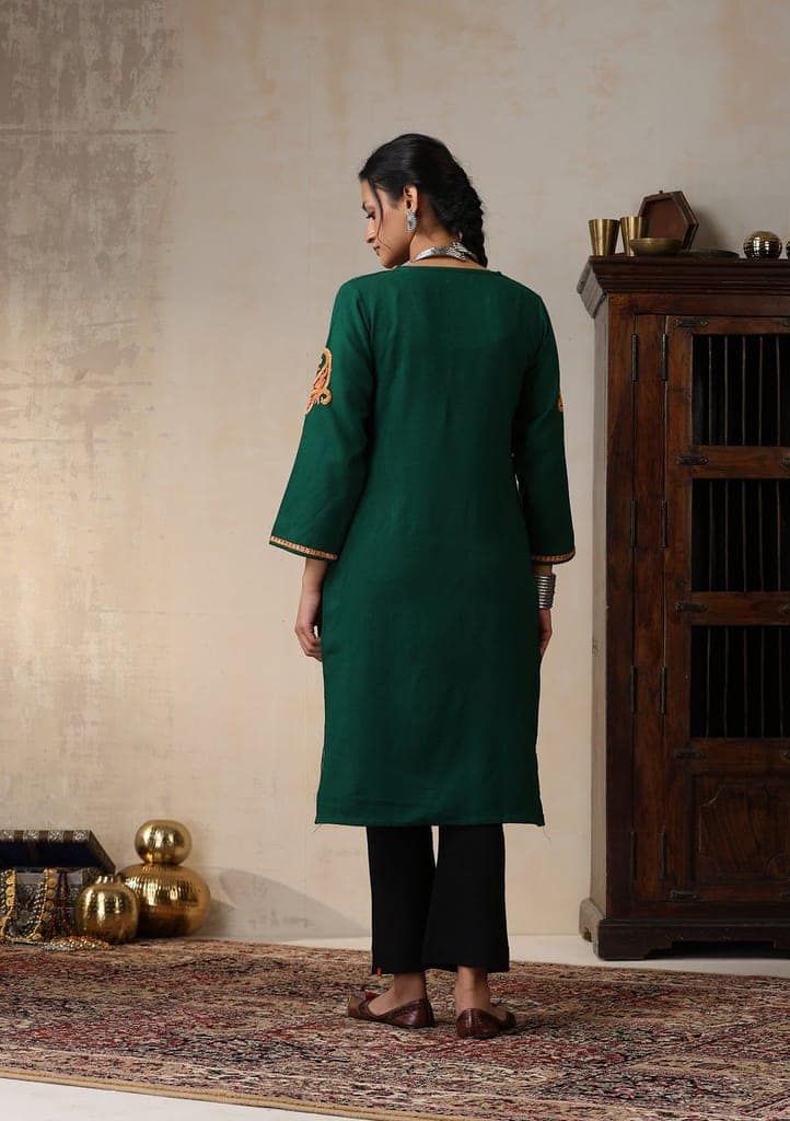 HOC Crafts Aari Embroidered Woollen Solid Women's Long Kurta - Green view 9