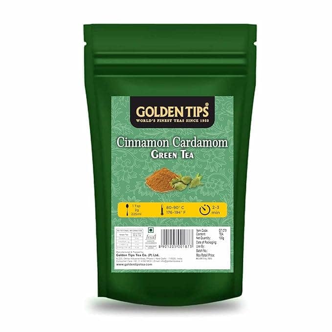 Golden Tips Green Tea with Cinnamon & Cardamom, Aromatic Whole Leaf Blend, Antioxidant-Rich Detox Tea, Mildly Spiced & Refreshing, Serve Hot or Iced (100 Gram, 50 Cups)