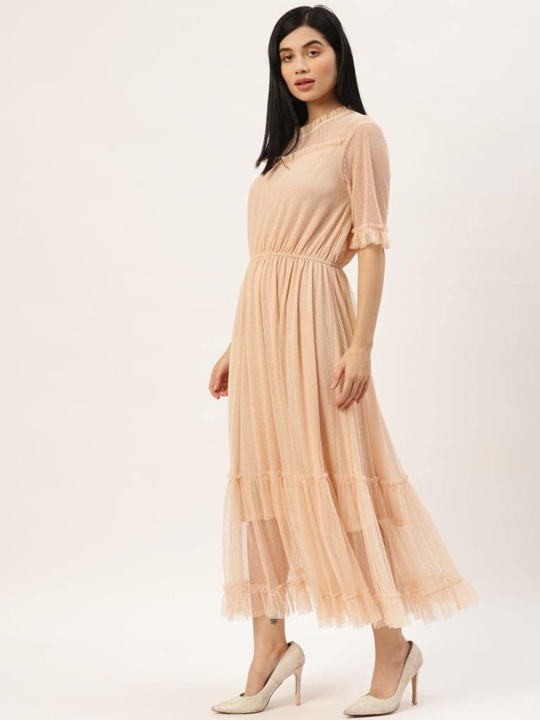 Women Peach-Coloured Dobby Weave Net Midi Dress view 3