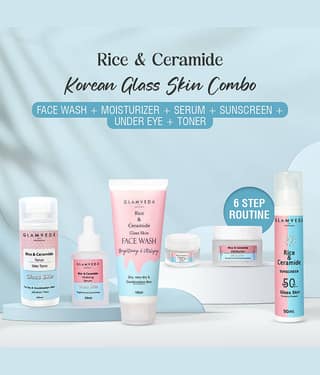 Glamveda Korean Glass Skin Rice & Ceramide 6 Step Daily Skincare Routine For Women with Gift Box | Face wash, Toner, Serum, Under eye cream, Moisturizer & Sunscreen