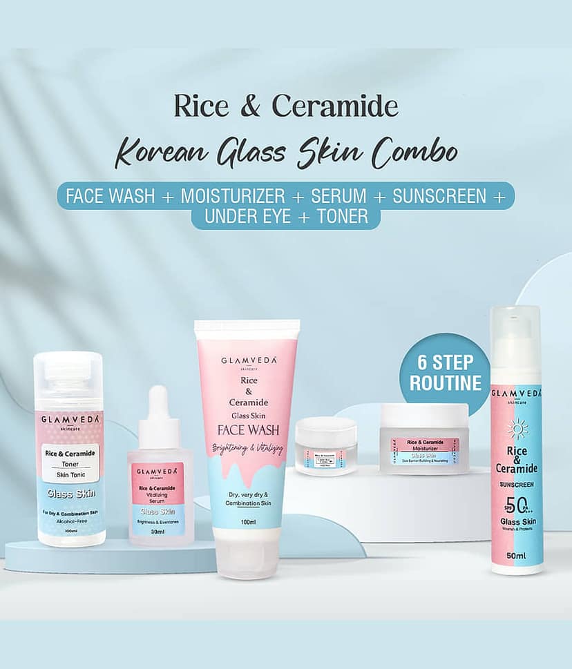Glamveda Korean Glass Skin Rice & Ceramide 6 Step Daily Skincare Routine For Women with Gift Box | Face wash, Toner, Serum, Under eye cream, Moisturizer & Sunscreen