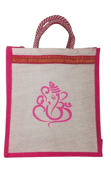 Buy Pink and White Printed Ganesha Design Jute Bag Online at Best Price view 2