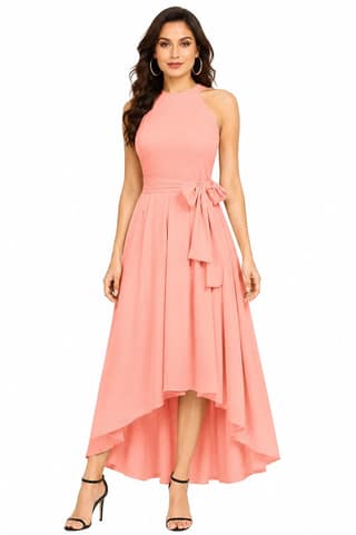 LICOLA Women & Girls Halter Neck High Low Maxi Dress with Waist Tie | Stylish One Piece Long Gown for Women | Sleeveless Western Dress for Women Party Wear & Casual